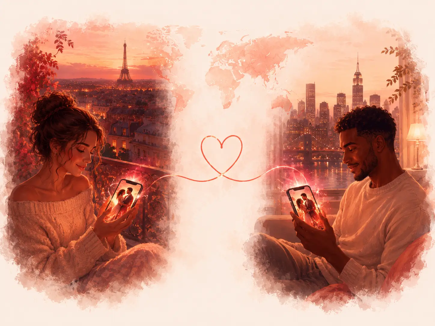 Long-distance couple sharing a personalized sensual story and audiobook on their phones with My Spicy Vanilla