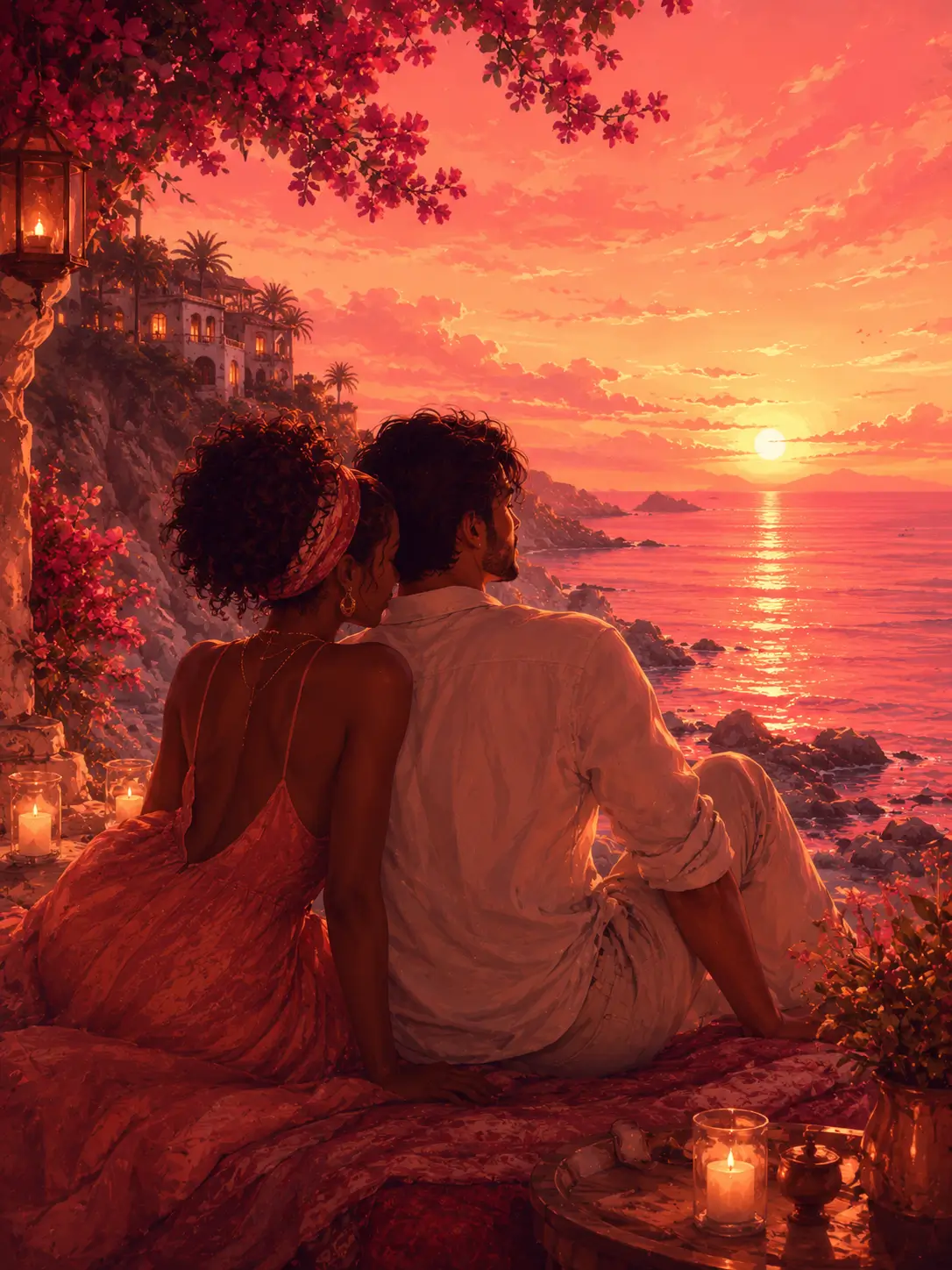 Illustrated seaside getaway romance story created with My Spicy Vanilla for couples
